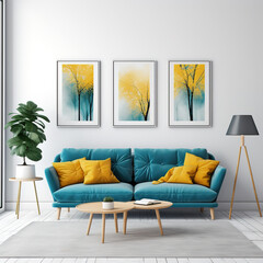 Teal couch, white walls, triple frames, Scandinavian aesthetic