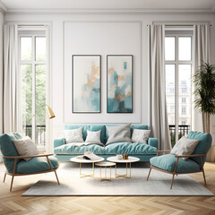 Modern living space, teal seating, white wall canvas, three picture frames