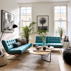 Modern living space, teal seating, white wall canvas, three picture frames