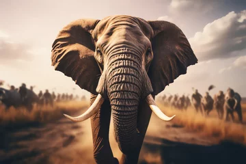 Foto op Aluminium A stunning golden hour photograph of a herd of elephants walking across a vast savannah, bathed in warm golden light. The soft glow and majestic presence of the elephants create a captivating and aest © Matthias