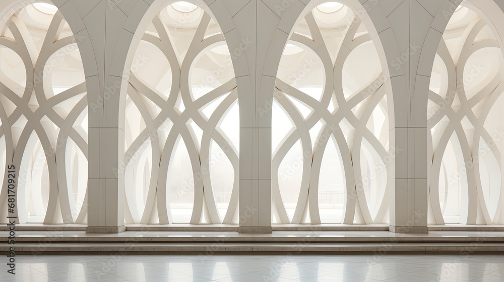 Wall mural from a distance, the abstract design on the white marble wall of the islamic architecture building i