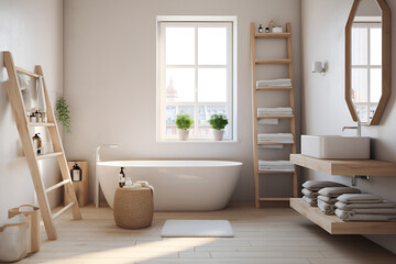 Bright, airy bathroom with a freestanding tub, wooden details, and a city view through a window, exuding serene comfort. Scandinavian interior