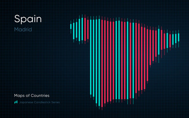 Spain map is shown in a chart with bars and lines. Japanese candlestick chart Series	