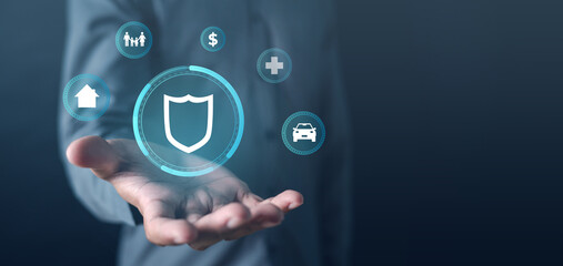 assurance, care, family, finance, health, insurance, investment, life, retirement, protection. shield hud and dollar icon symbolizing insurance and asset protection for a prosperous future.