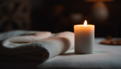 Obraz na płótnie Canvas Glowing candlelight brings relaxation and comfort to winter spa treatment generated by AI