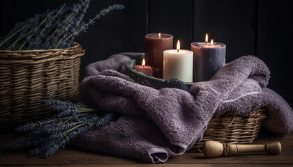 Obraz na płótnie Canvas Organic wicker basket holds scented candles for spa relaxation therapy generated by AI