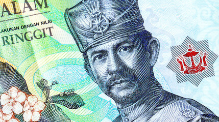 Sultan Hassanal Bolkiah portrait on Brunei 1 dollar banknote. Bank of Brunei Darussalam banknote. His Majesty Sultan Haji Hassanal Bolkiah in military uniform