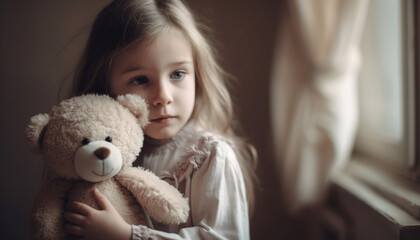 Cute Caucasian girl smiling with joy, holding teddy bear indoors generated by AI