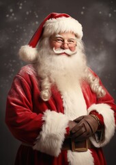Cute Santa Claus in red clothes with a long white beard on a light background. Generative AI.
