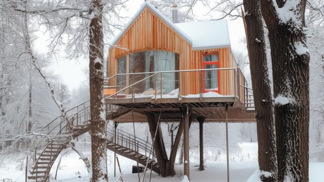 The treehouse exterior in winter forest in Finland. Generative AI image AIG30.