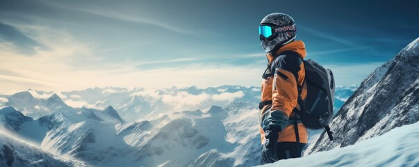 A snowboarder is standing on a big mountain ready to go snowboarding. Generative AI. - obrazy, fototapety, plakaty