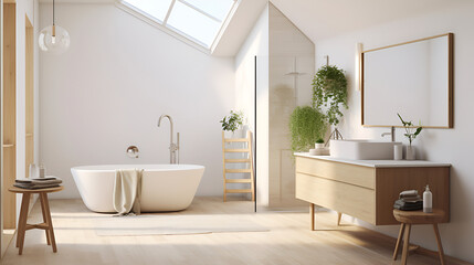Fototapeta na wymiar Bright and airy bathroom with lush greenery outside the window, wooden elements, and a freestanding tub, providing a natural oasis. Scandinavian interior