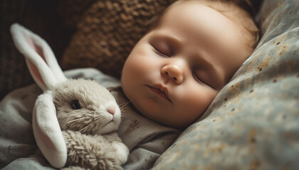 Sleeping baby with rabbit, surrounded by softness and innocence generated by AI