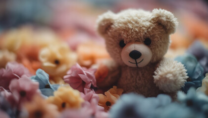 Fluffy teddy bear sits among colorful flowers, a cheerful gift generated by AI