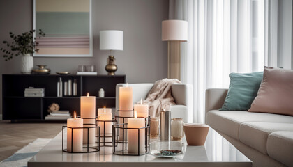 Modern apartment with comfortable sofa, elegant decor, and candlelight ambiance generated by AI