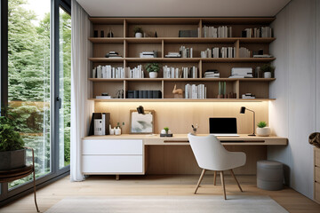 Interior design of modern scandinavian home office with desk and shelves - obrazy, fototapety, plakaty