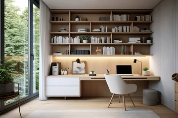 Foto op Canvas Interior design of modern scandinavian home office with desk and shelves © Алена Ваторина