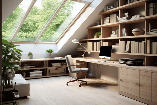 Interior design of modern scandinavian home office with desk and shelves