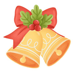 Christmas bell with red ribbon bow and holly leaves
