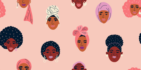 Female diverse seamless pattern. African American women in ethnic headdresses. Vector illustration for paper, fabric, factory.