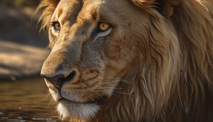 Majestic lioness staring, beauty in nature, endangered species portrait generated by AI