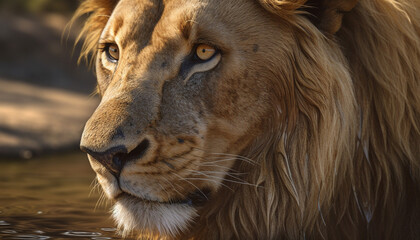 Naklejka premium Majestic lioness staring, beauty in nature, endangered species portrait generated by AI