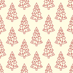 Obraz premium Small red elegant contour linear Christmas trees isolated on a white background. Cute monochrome holiday seamless pattern. Vector simple flat graphic illustration. Texture.