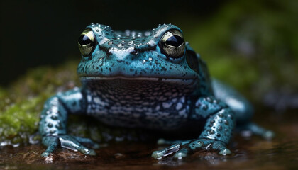 Fototapeta premium Green toad sitting in wet foreground, staring at camera generated by AI