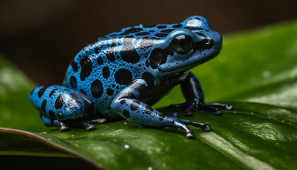 Small poison arrow frog sitting on wet leaf, looking away generated by AI
