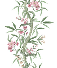 Border with bamboo and pink flowers. Vector.