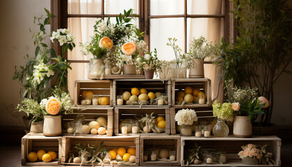 Fototapeta na wymiar Freshness and nature adorn the rustic wooden shelf with organic fruits and flowers generated by AI