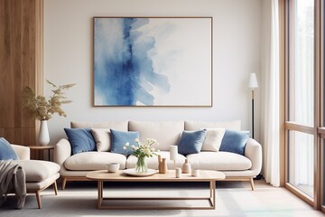 Living room interior with soft lighting combining blue and ivory colors