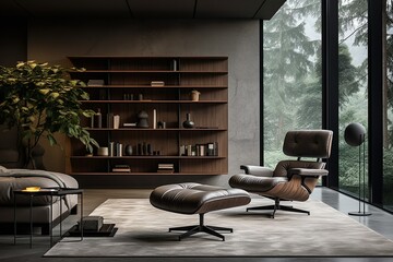 Luxury interior of natural light living room with brown armchair
