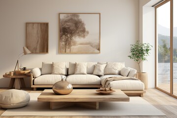 Fototapeta na wymiar Living room with a soft feel in ivory and light brown tones