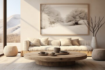 Fototapeta na wymiar Living room with a soft feel in ivory and light brown tones