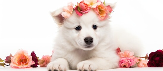 In an adorable Halloween-themed photoshoot, a young, beautiful, and cute white puppy wearing a black crown and vibrant, colorful flowers is happily posing on an isolated white background, creating a - obrazy, fototapety, plakaty