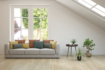 Contemporary classic white interior with furniture and decor and summer landscape in window. Scandinavian interior design. 3D illustration