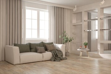 White scandinavian interior design with sofa. 3D illustration