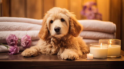 Puppy spa day: Relaxing amidst calming essential oils and soft candlelight AI generative