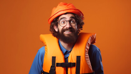 Smiling Caucasian engineer in orange hardhat looking at camera confidently generated by AI