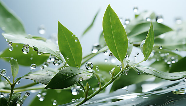 Freshness of dew on green leaf, nature vibrant beauty generated by AI