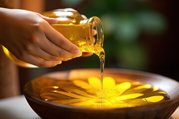 Spa massage oil in bowl. Close up of female hands pouring oil in bowl, Therapist pouring massage oil at the spa closeup, AI Generated - obrazy, fototapety, plakaty