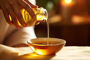Woman pouring oil in bowl on table in spa salon, closeup, Therapist pouring massage oil at the spa closeup, AI Generated - obrazy, fototapety, plakaty