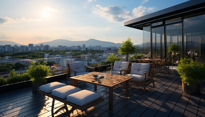 Fototapeta premium Modern cityscape with skyscrapers, sunset, and balcony overlooking the skyline generated by AI