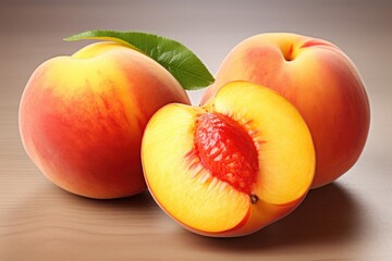 Naklejka na ściany i meble Peaches with green leaves isolated on white background. Clipping path, Three perfect, ripe peaches with a half and slices isolated on white background, AI Generated