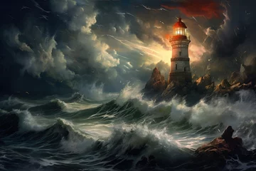 Fotobehang Lighthouse in stormy sea with waves. 3D illustration, Thunder, lightning, and high waves surround a lighthouse in this stormy scene, AI Generated © Iftikhar alam