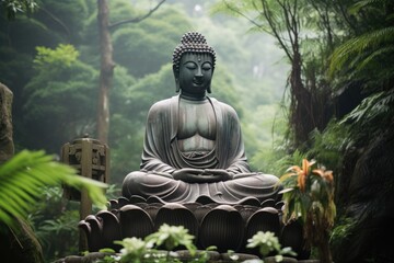 Buddha statue in the garden, Hong Kong, China, Tian Tan Buddha in Hong Kong, AI Generated