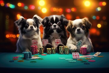 Group of chihuahua playing poker with chips on the table, Tibetan Spaniel puppies playing poker in vegas. All colorful glittering lights background. Photorealistic, AI Generated