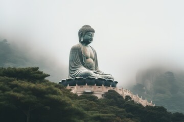 Buddha statue in the foggy mountains, Hong Kong, Tian Tan Buddha in Hong Kong, AI Generated - obrazy, fototapety, plakaty