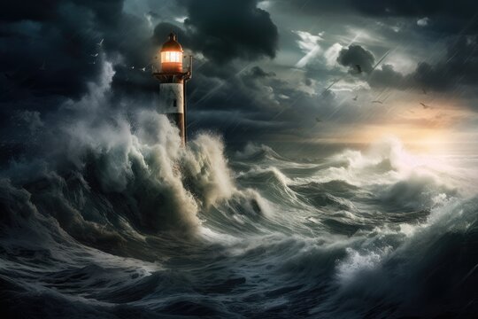 Surreal image of stormy sea with lighthouse. 3D rendering, Thunder, lightning, and high waves surround a lighthouse in this stormy scene, AI Generated